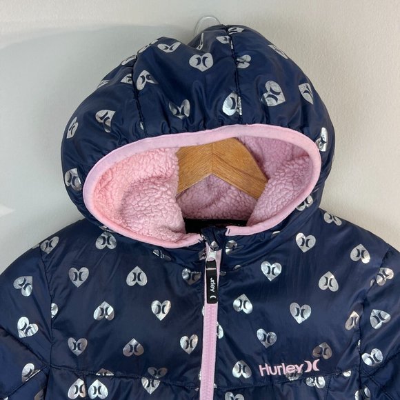 Hurley Puffer Jacket Girls S 8 10 Heart Navy Silver Fleece Lined Hooded Full Zip - Picture 2 of 14